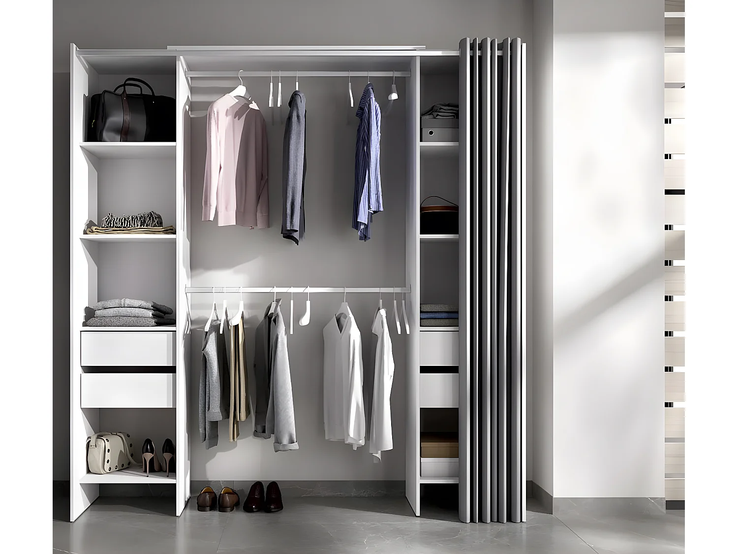 Armoire dressing extensible avec rideau + 4 tiroirs coloris blanc - Longueur 100-180 x Hauteur 203 x Profondeur 50 cm