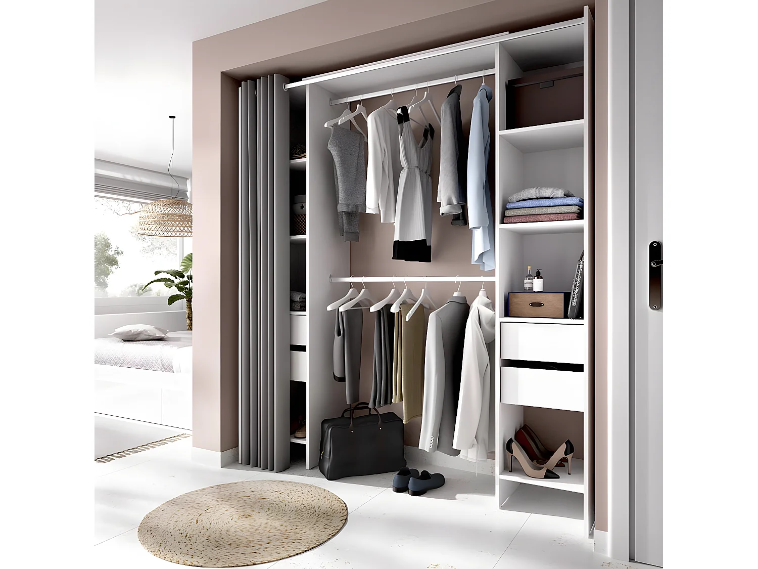 Armoire dressing extensible avec rideau + 4 tiroirs coloris blanc - Longueur 100-180 x Hauteur 203 x Profondeur 50 cm