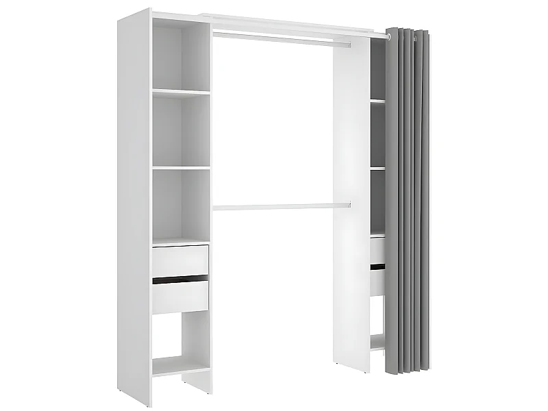 Armoire dressing extensible avec rideau + 4 tiroirs coloris blanc - Longueur 100-180 x Hauteur 203 x Profondeur 50 cm