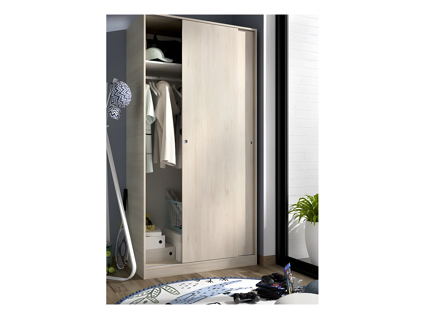 Armoire à portes coulissantes coloris naturel - Longueur 100 x Profondeur 50 x Hauteur 204 cm