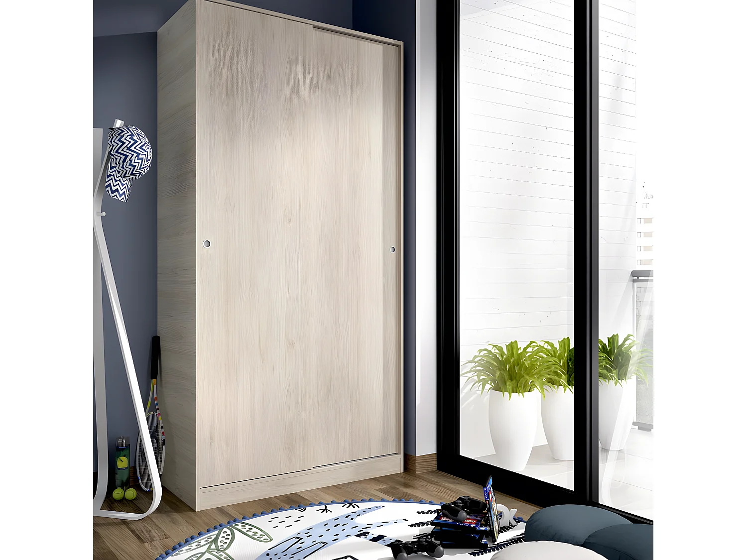 Armoire à portes coulissantes coloris naturel - Longueur 100 x Profondeur 50 x Hauteur 204 cm