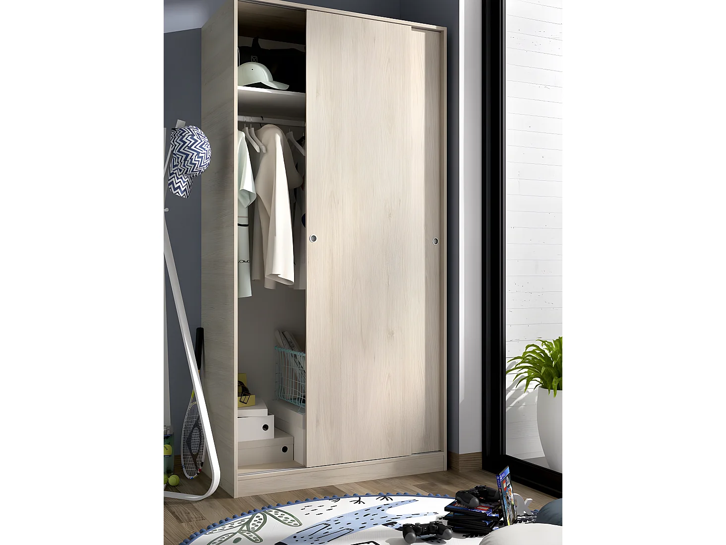 Armoire à portes coulissantes coloris naturel - Longueur 100 x Profondeur 50 x Hauteur 204 cm