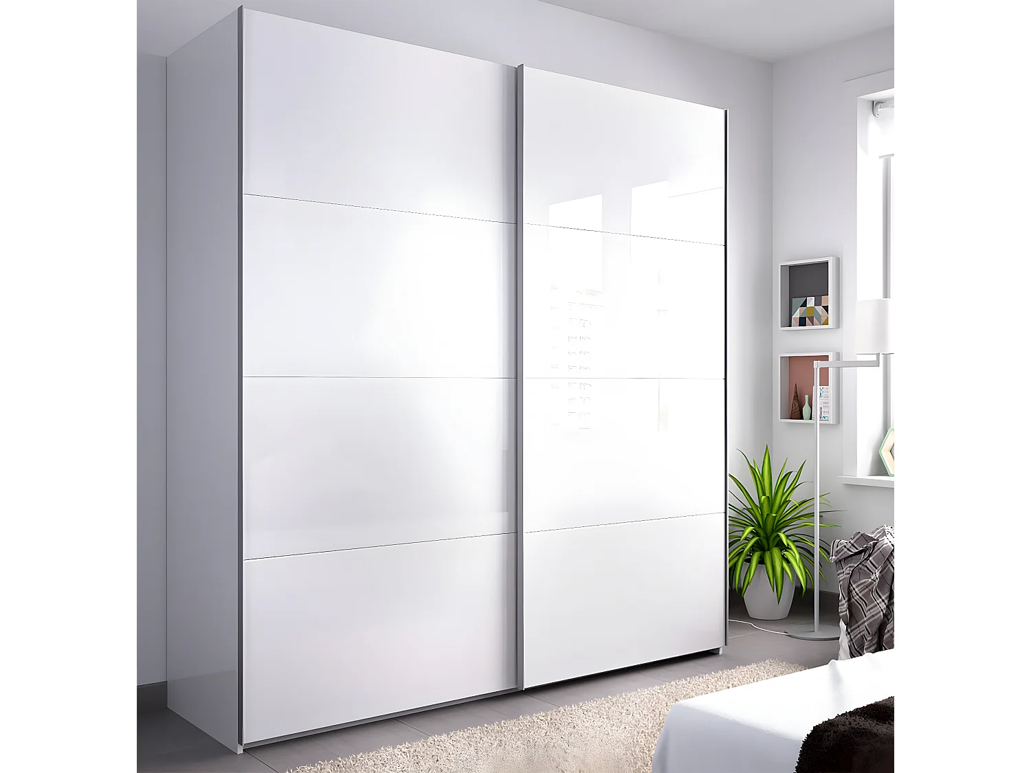 Armoire à portes coulissantes coloris blanc brillant - Longueur 180 x Profondeur 65 x Hauteur 204 cm