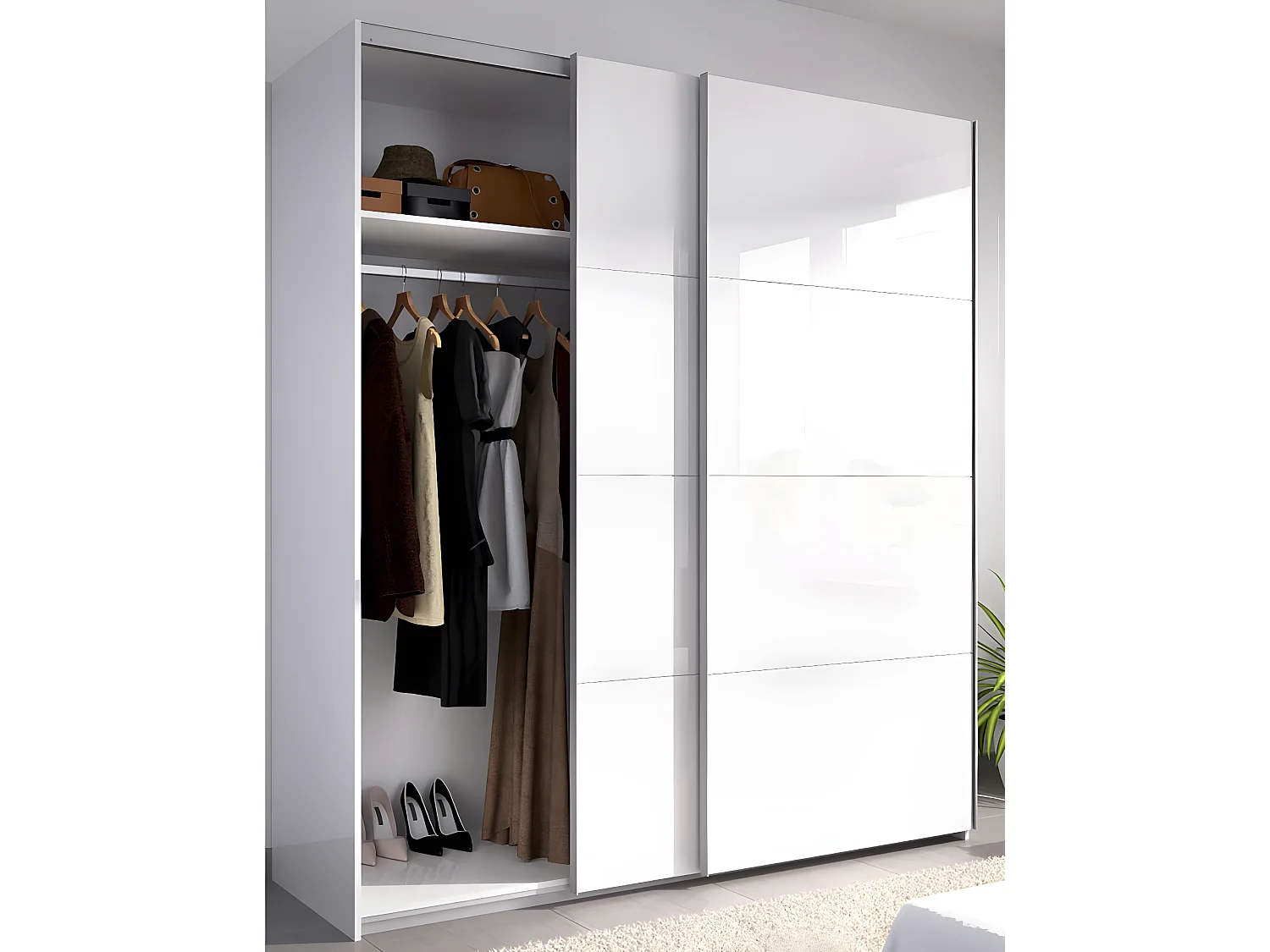 Armoire à portes coulissantes coloris blanc brillant - Longueur 180 x Profondeur 65 x Hauteur 204 cm