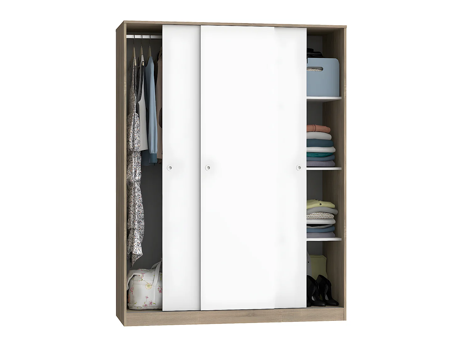 Armoire avec 3 portes coulissantes coloris Cambrian/Blanc - Hauteur 200 x Longueur 150 x Profondeur 55 cm