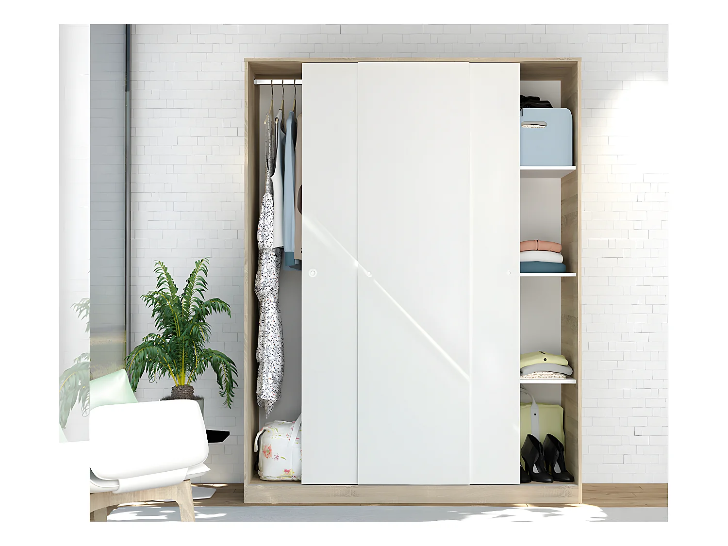 Armoire avec 3 portes coulissantes coloris Cambrian/Blanc - Hauteur 200 x Longueur 150 x Profondeur 55 cm