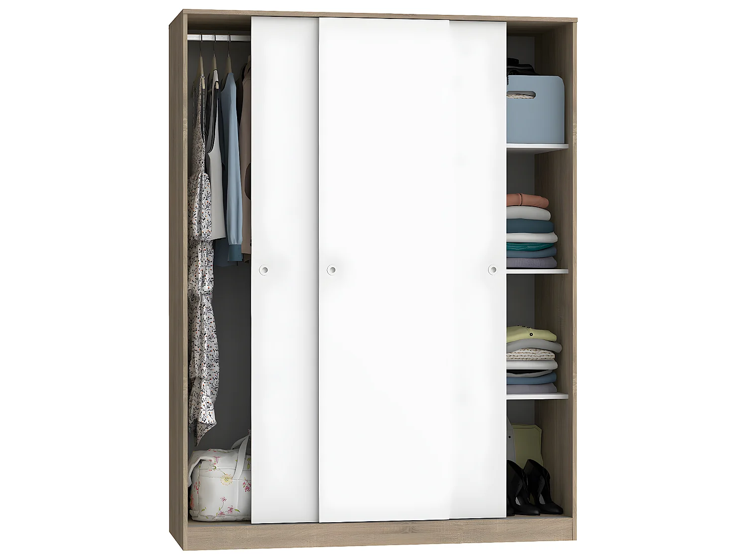 Armoire avec 3 portes coulissantes coloris Cambrian/Blanc - Hauteur 200 x Longueur 150 x Profondeur 55 cm