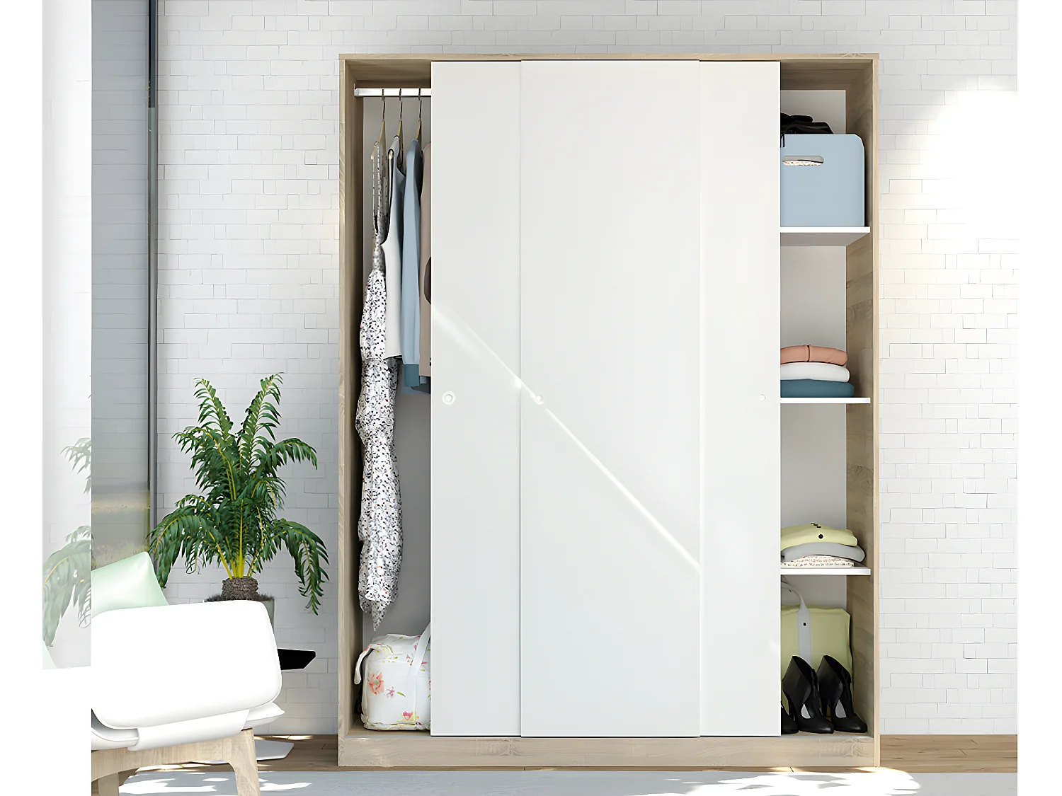Armoire avec 3 portes coulissantes coloris Cambrian/Blanc - Hauteur 200 x Longueur 150 x Profondeur 55 cm