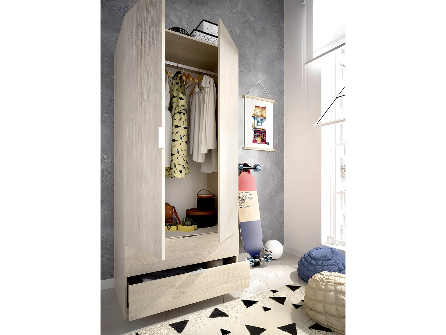 Armoire placard meuble de rangement coloris naturel - Longueur 81 x Hauteur 184 x Profondeur 52 cm