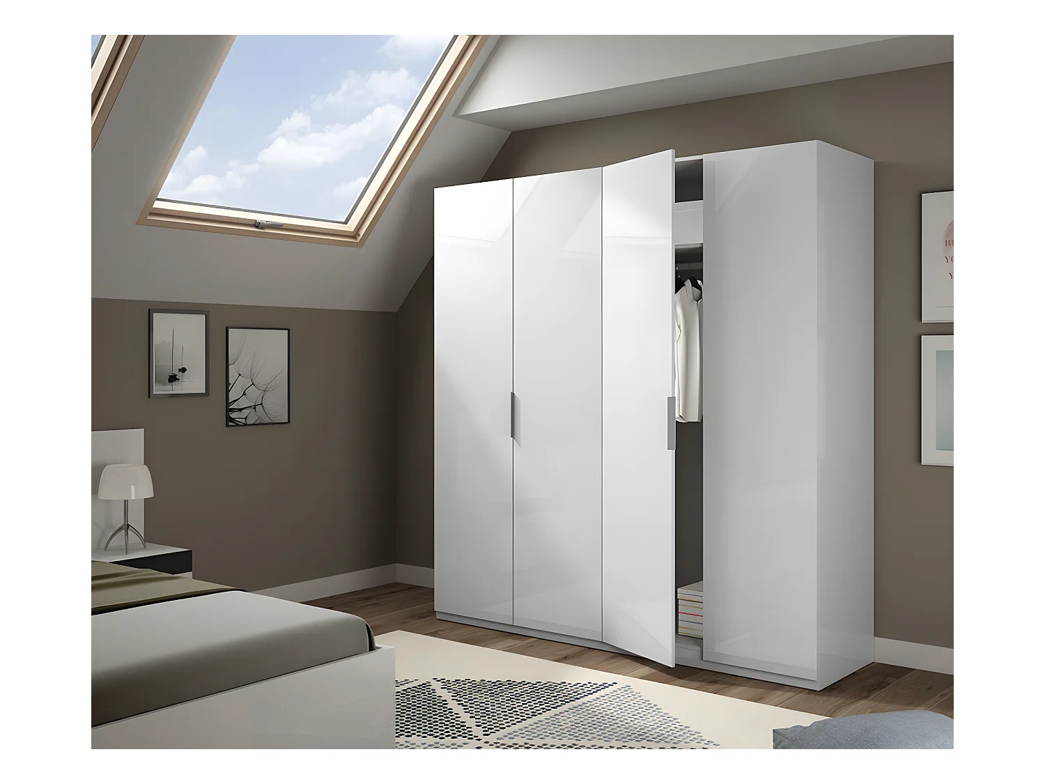 Armoire avec 4 portes coloris blanc en bois - Dim : H200 x L180 x P52 cm