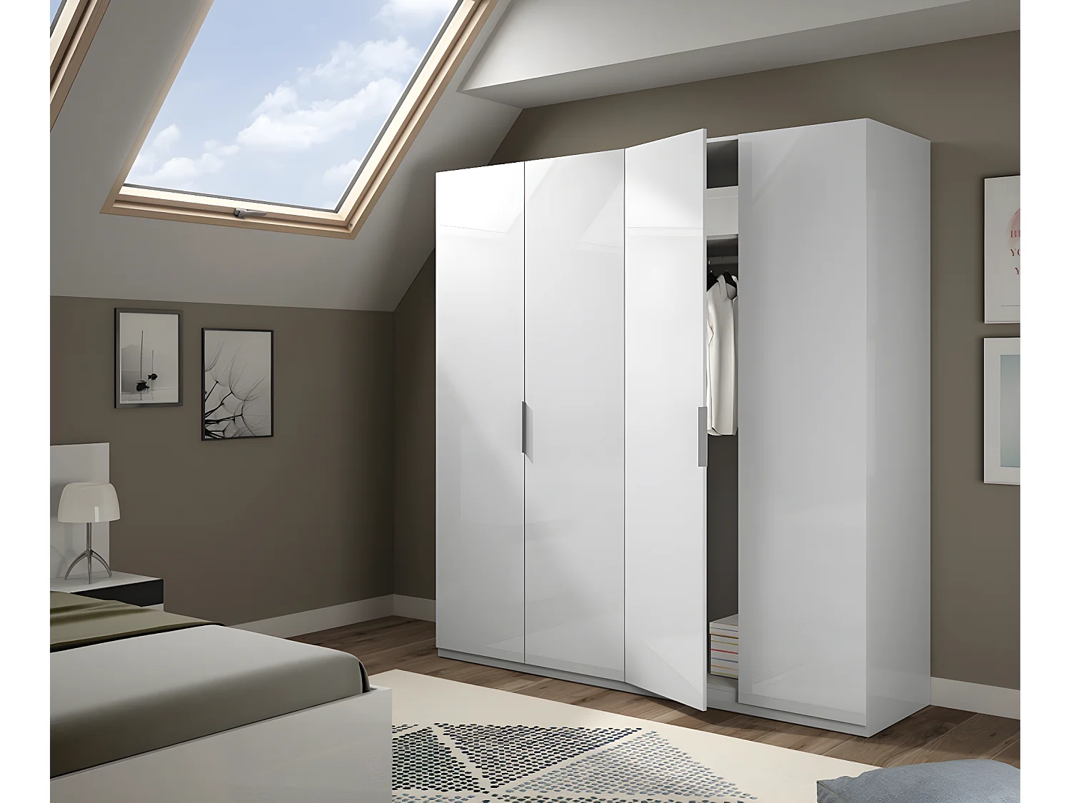 Armoire avec 4 portes coloris blanc en bois - Dim : H200 x L180 x P52 cm