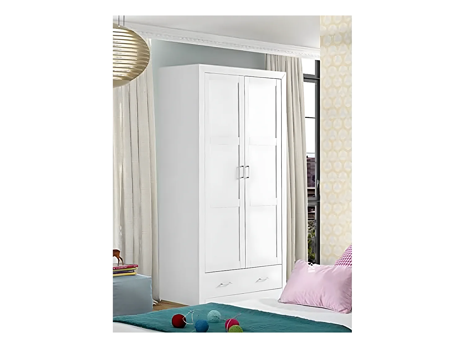 Placard Armoire meuble de rangement en MDF et pin massif laqué blanc - Longueur 105 x Profondeur 55 x Hauteur 200 cm