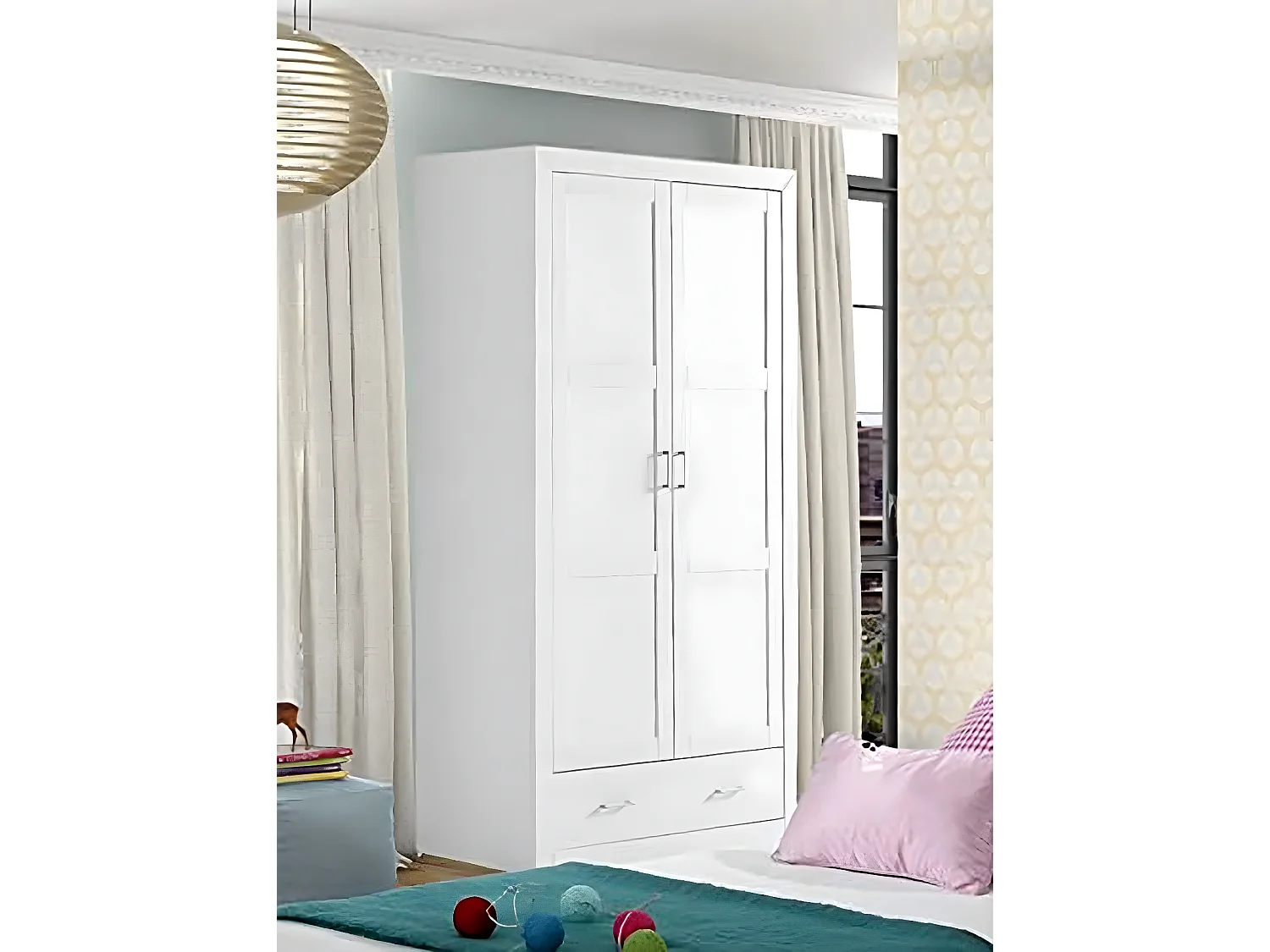 Placard Armoire meuble de rangement en MDF et pin massif laqué blanc - Longueur 105 x Profondeur 55 x Hauteur 200 cm