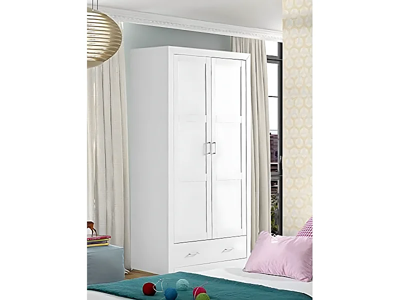 Placard Armoire meuble de rangement en MDF et pin massif laqué blanc - Longueur 105 x Profondeur 55 x Hauteur 200 cm