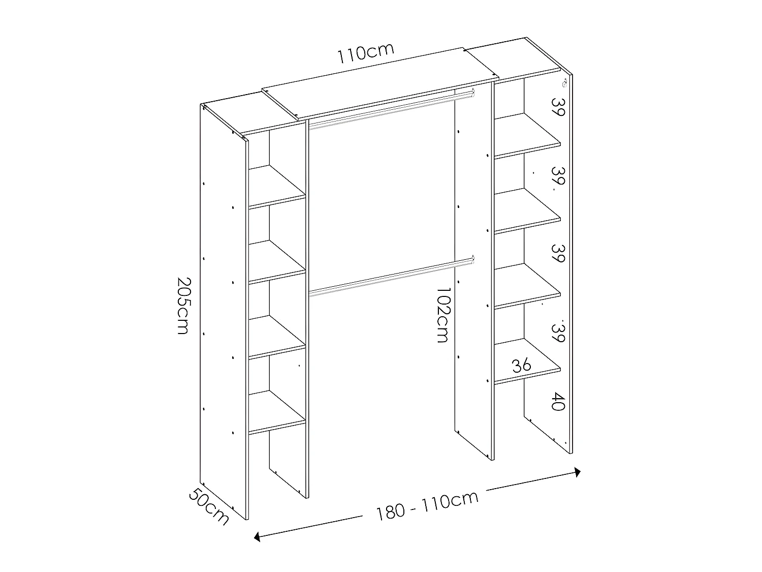 Armoire placard extensible coloris blanc - Longueur 110-180 x Hauteur 205 x Profondeur 50 cm