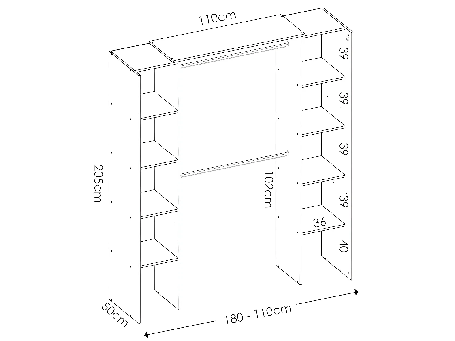 Armoire placard extensible coloris blanc - Longueur 110-180 x Hauteur 205 x Profondeur 50 cm