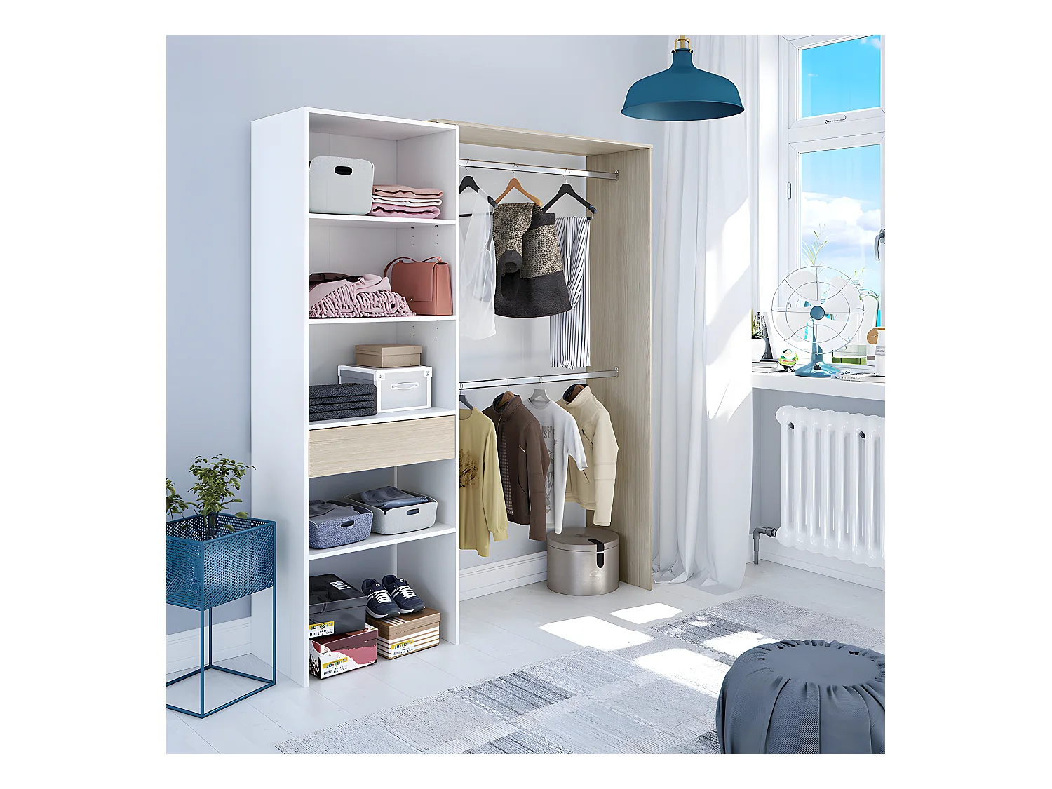 Armoire dressing avec étagère de rangement coloris blanc / chêne - 187 x 158 x 40 cm