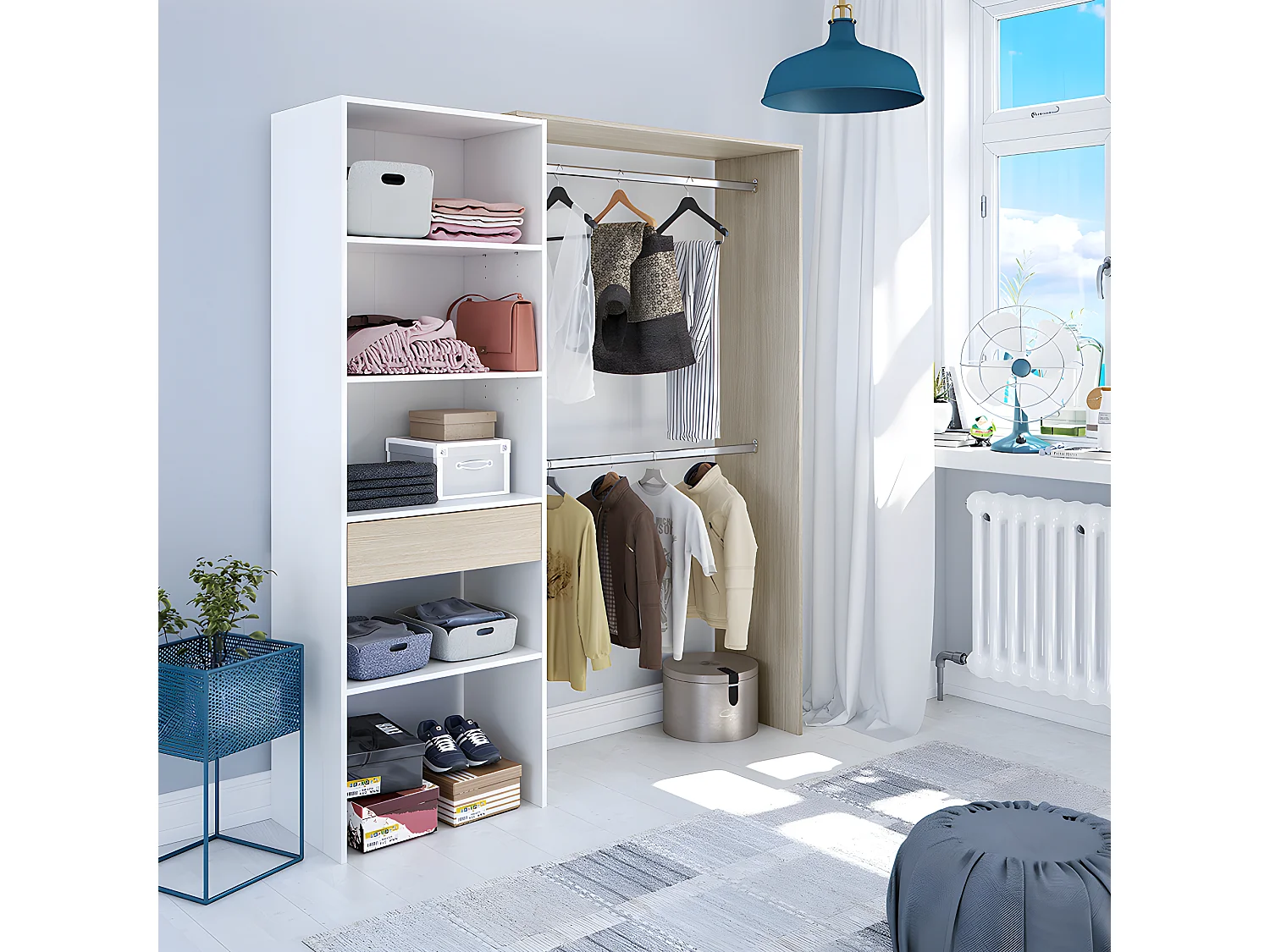 Armoire dressing avec étagère de rangement coloris blanc / chêne - 187 x 158 x 40 cm