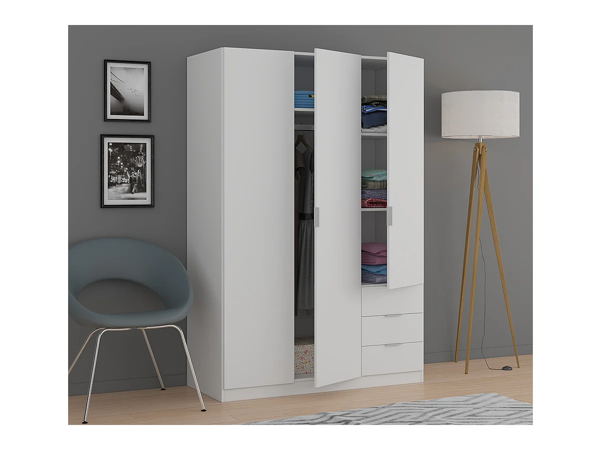 Armoire avec 3 portes et 3 tiroirs coloris Blanc en mélamine - Dim: 180 x 121 x 52 cm