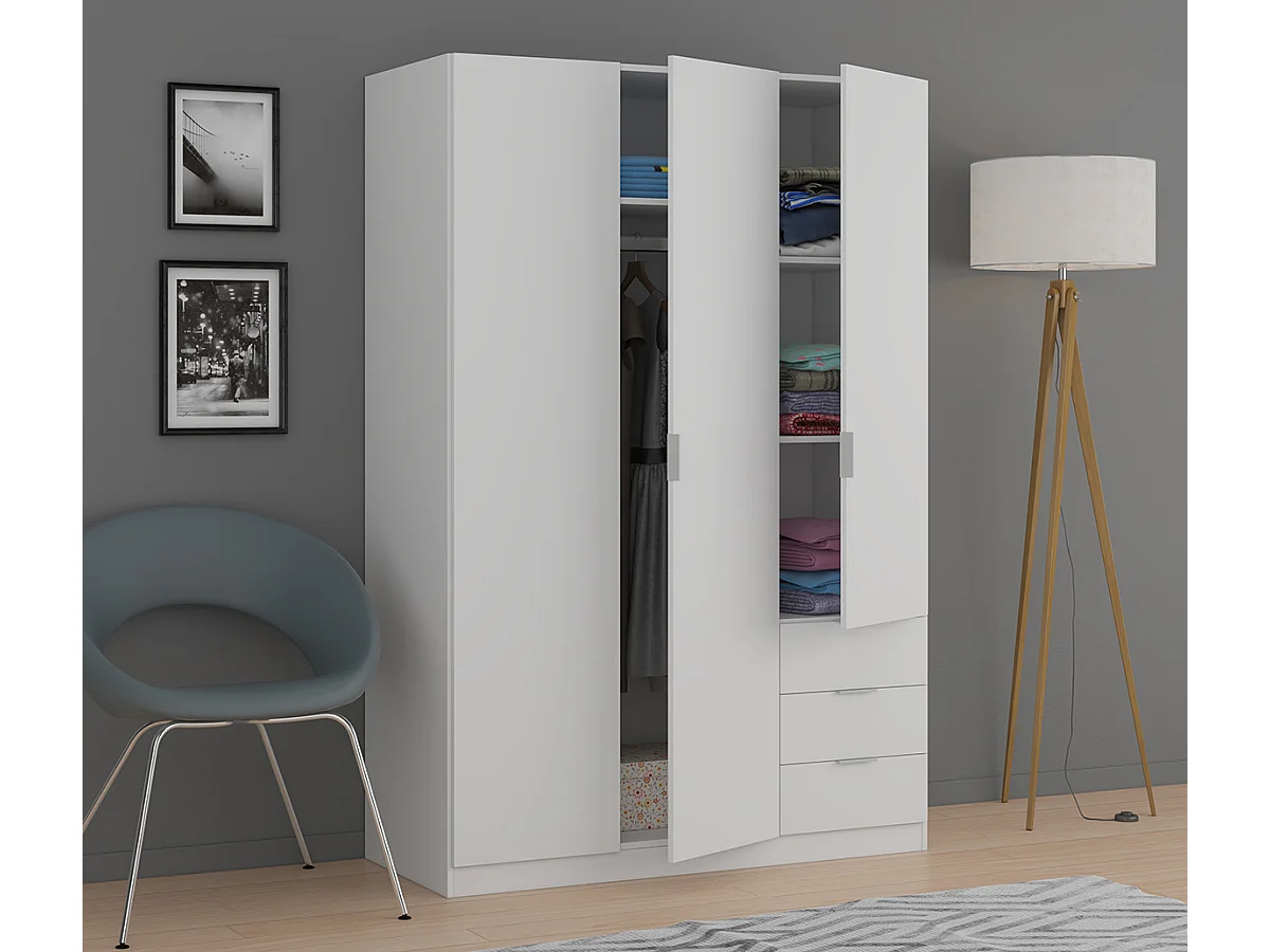 Armoire avec 3 portes et 3 tiroirs coloris Blanc en mélamine - Dim: 180 x 121 x 52 cm