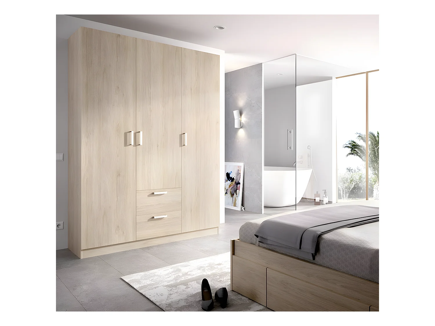 Armoire placard meuble de rangement coloris naturel - Longueur 150 x Profondeur 52 x Hauteur 215 cm