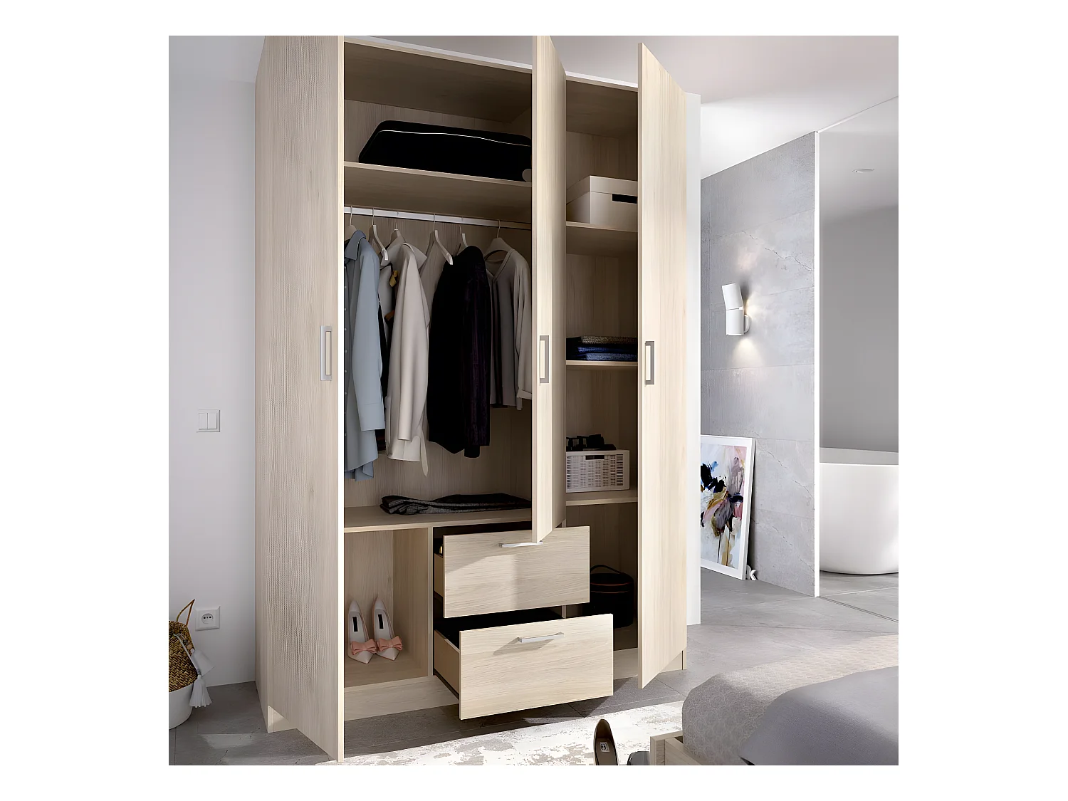 Armoire placard meuble de rangement coloris naturel - Longueur 150 x Profondeur 52 x Hauteur 215 cm