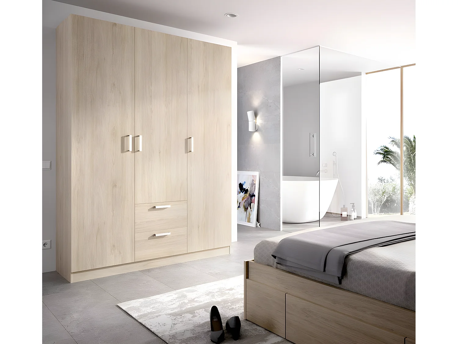 Armoire placard meuble de rangement coloris naturel - Longueur 150 x Profondeur 52 x Hauteur 215 cm