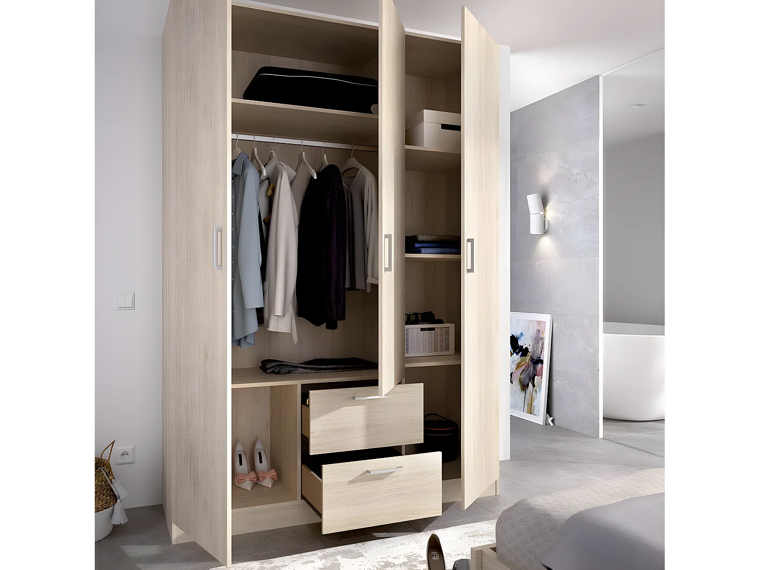 Armoire placard meuble de rangement coloris naturel - Longueur 150 x Profondeur 52 x Hauteur 215 cm