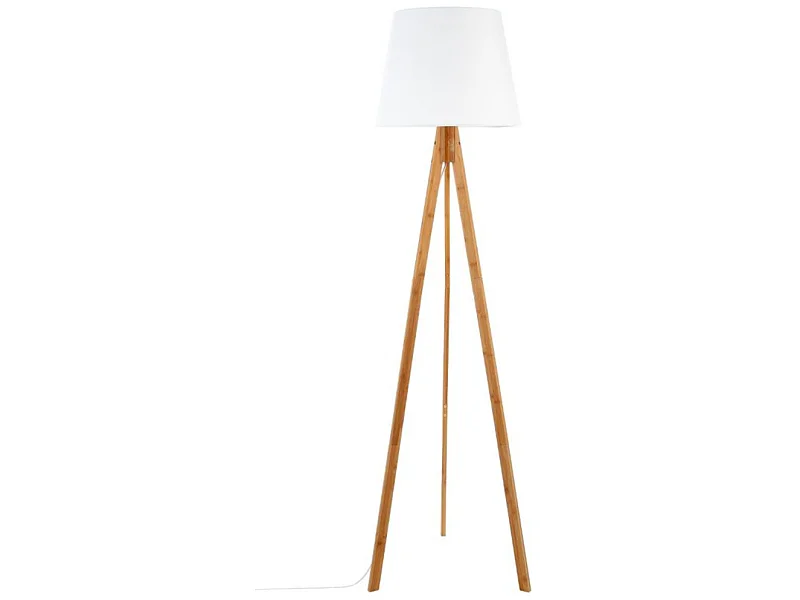 Lampadaire trépied, lampadaire en polyester coloris blanc, pieds en bambou coloris naturel