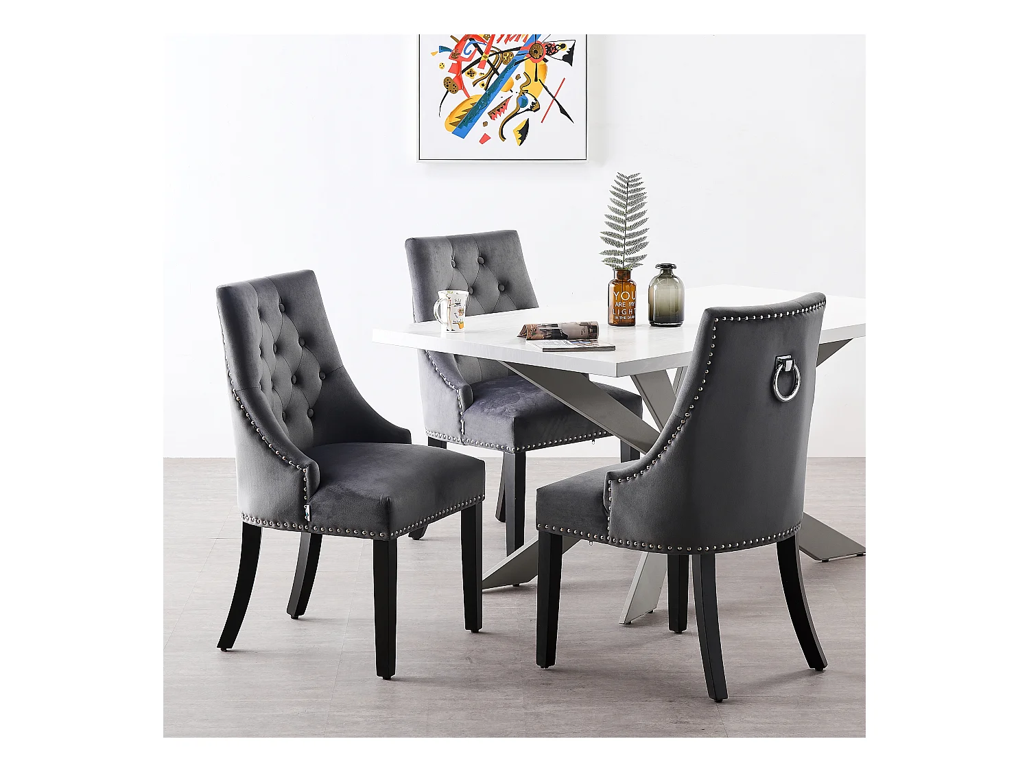 Set aus 6 Windsor-Esszimmerstühlen – Plüsch-Samtpolsterung und stabile Beine aus Massivholz – perfekt für Ihr Esszimmer und Wohnzimmer – Dunkelgrau