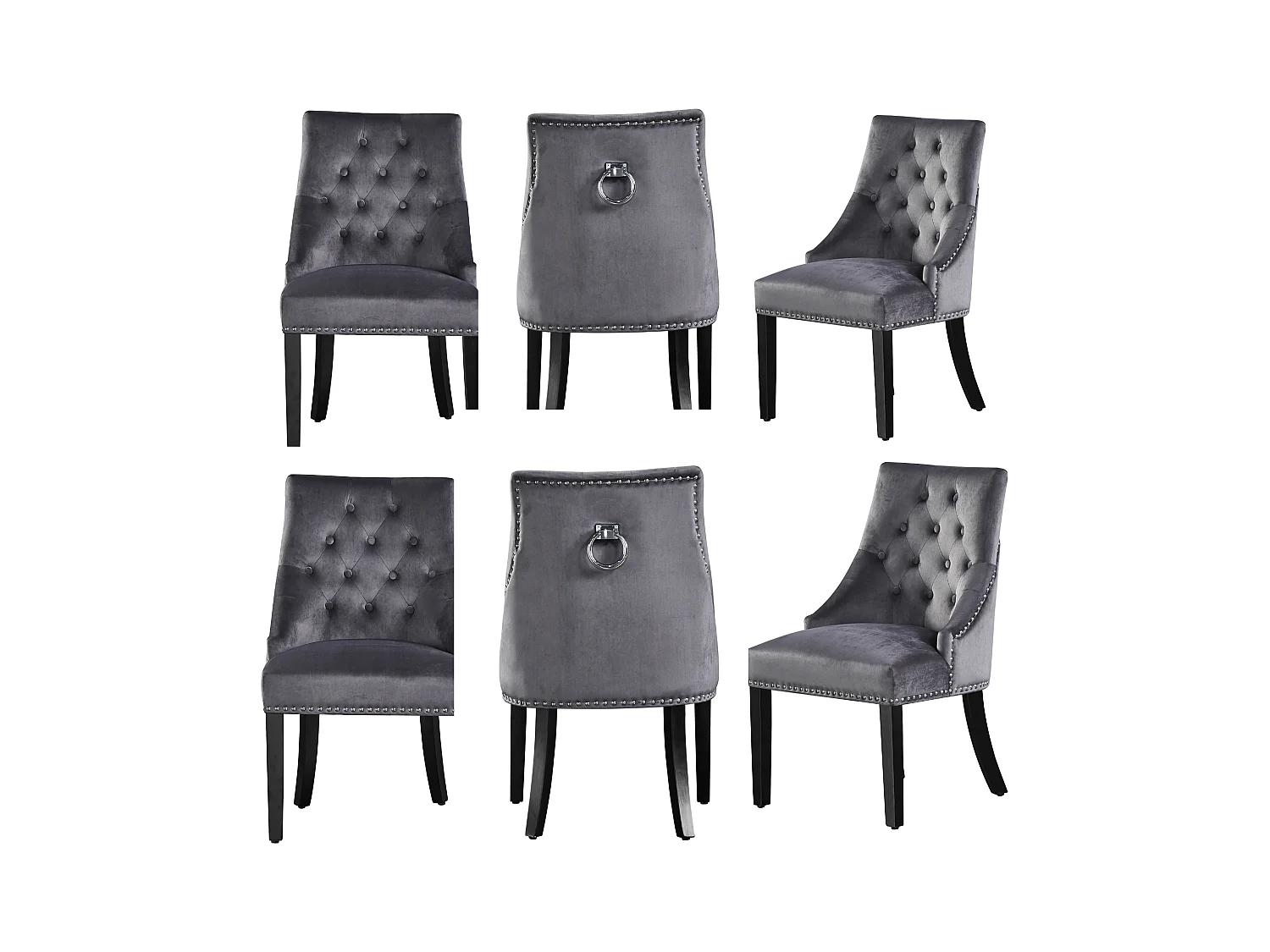 Lot de 6 chaises de salle à manger Windsor - Revêtement en velours et pieds robustes en bois massif - Idéales pour votre salle à manger et votre salon - Gris foncé