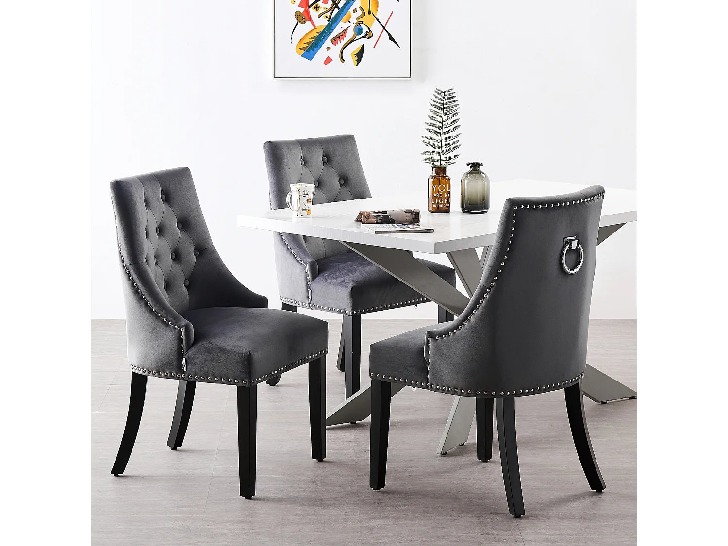 Lot de 6 chaises de salle à manger Windsor - Revêtement en velours et pieds robustes en bois massif - Idéales pour votre salle à manger et votre salon - Gris foncé