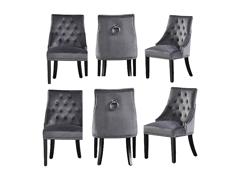 Set aus 6 Windsor-Esszimmerstühlen – Plüsch-Samtpolsterung und stabile Beine aus Massivholz – perfekt für Ihr Esszimmer und Wohnzimmer – Dunkelgrau