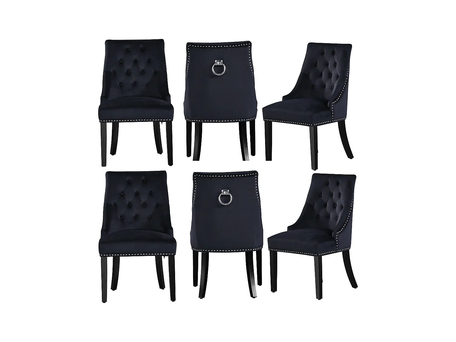 Lot de 6 chaises de salle à manger Windsor - Revêtement en velours et pieds robustes en bois massif - Parfaites pour votre salle à manger et votre salon - Noir