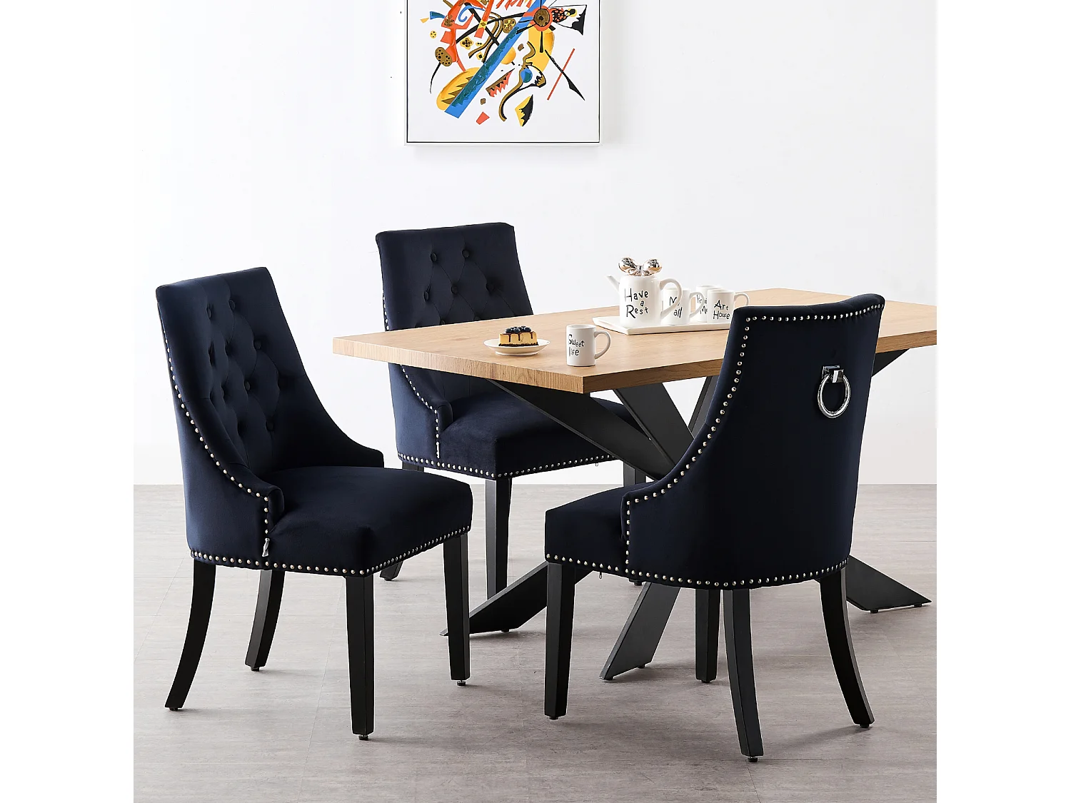 Lot de 6 chaises de salle à manger Windsor - Revêtement en velours et pieds robustes en bois massif - Parfaites pour votre salle à manger et votre salon - Noir