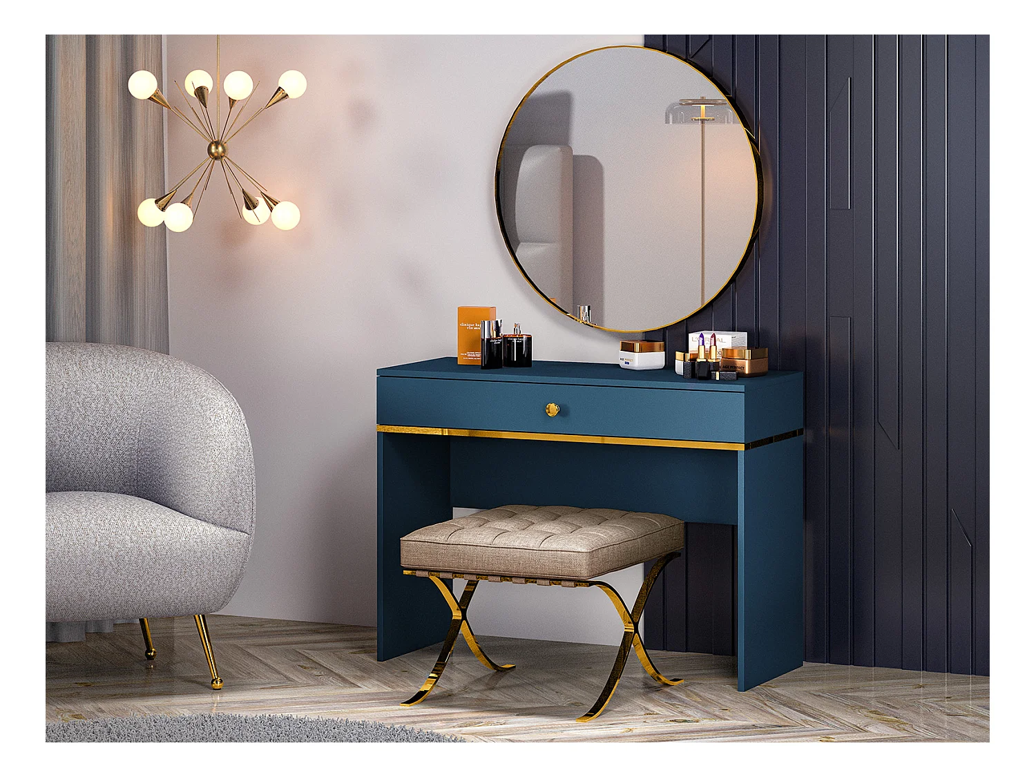 SCHMINKTISCH Marine dunkelblau / gold 100 / 40 / 79cm