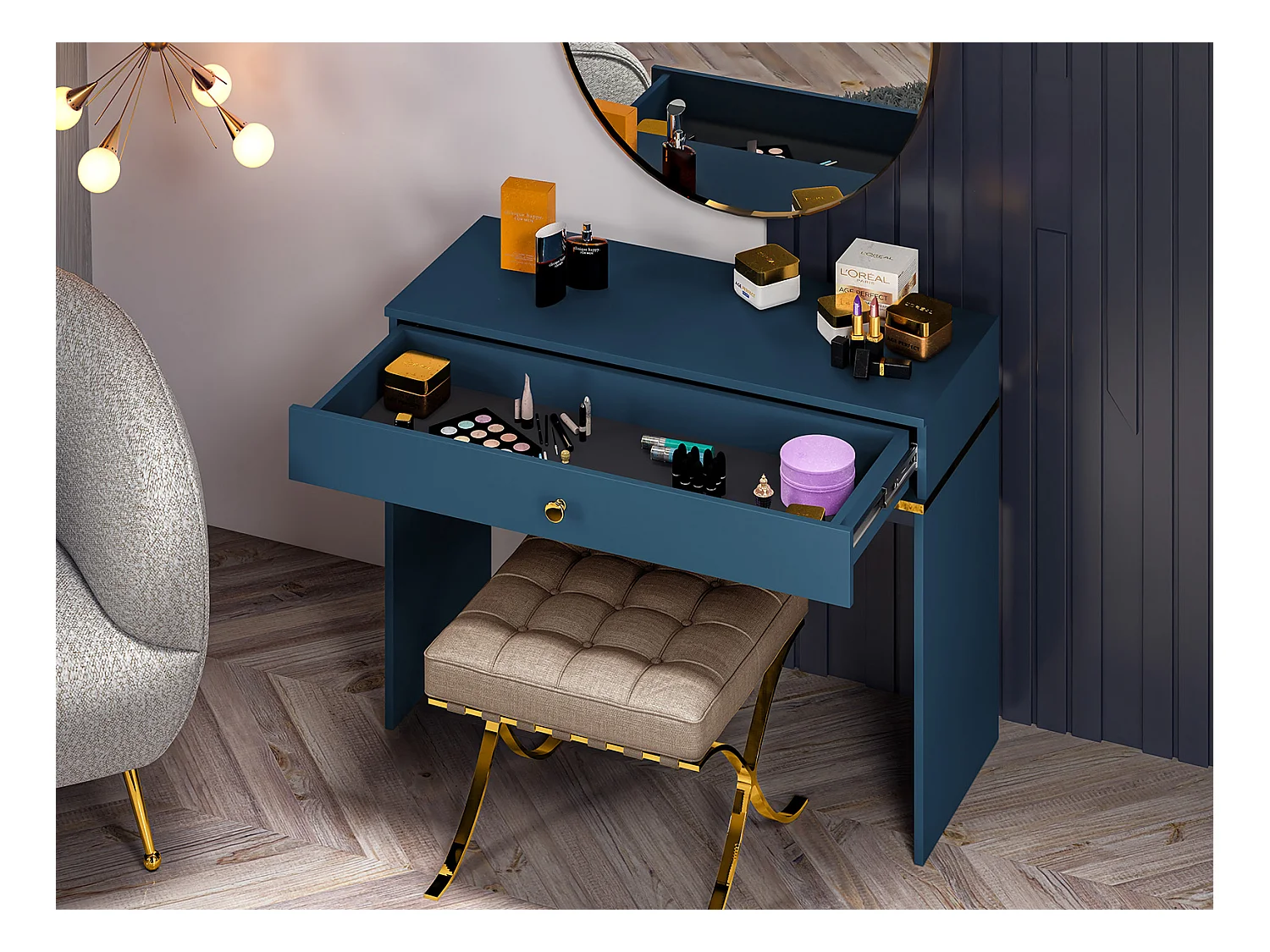 SCHMINKTISCH Marine dunkelblau / gold 100 / 40 / 79cm