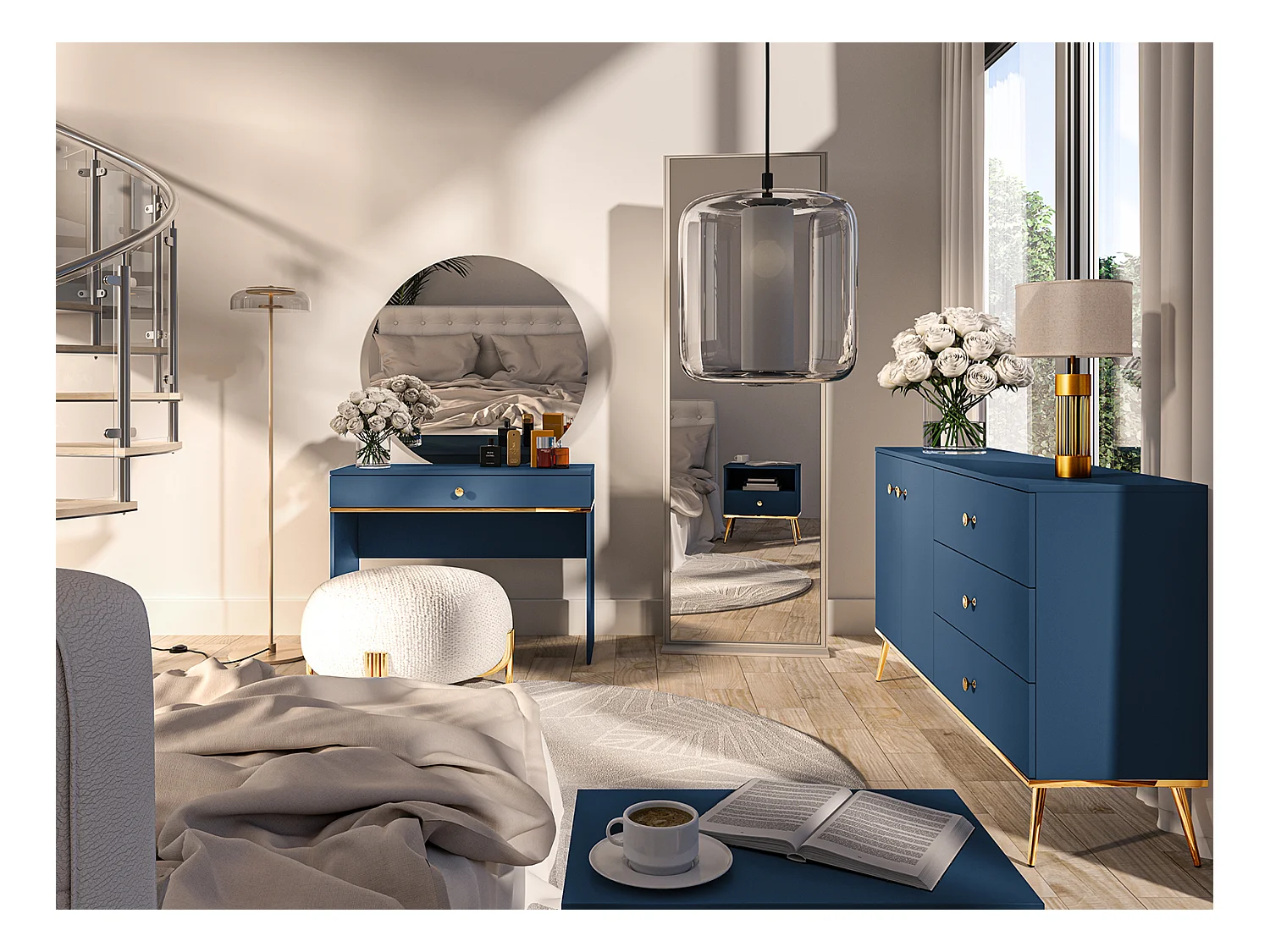 SCHMINKTISCH Marine dunkelblau / gold 100 / 40 / 79cm