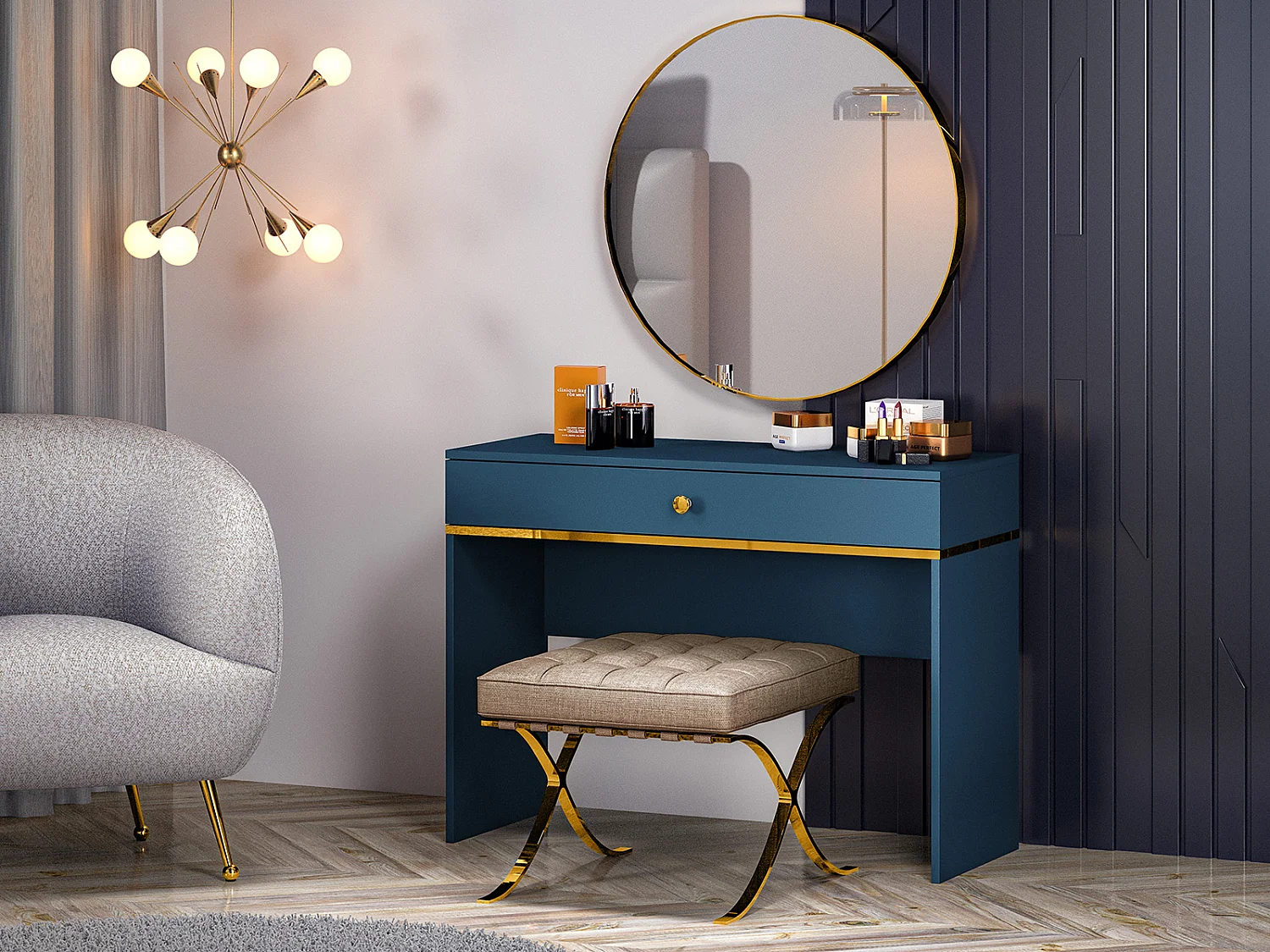 SCHMINKTISCH Marine dunkelblau / gold 100 / 40 / 79cm