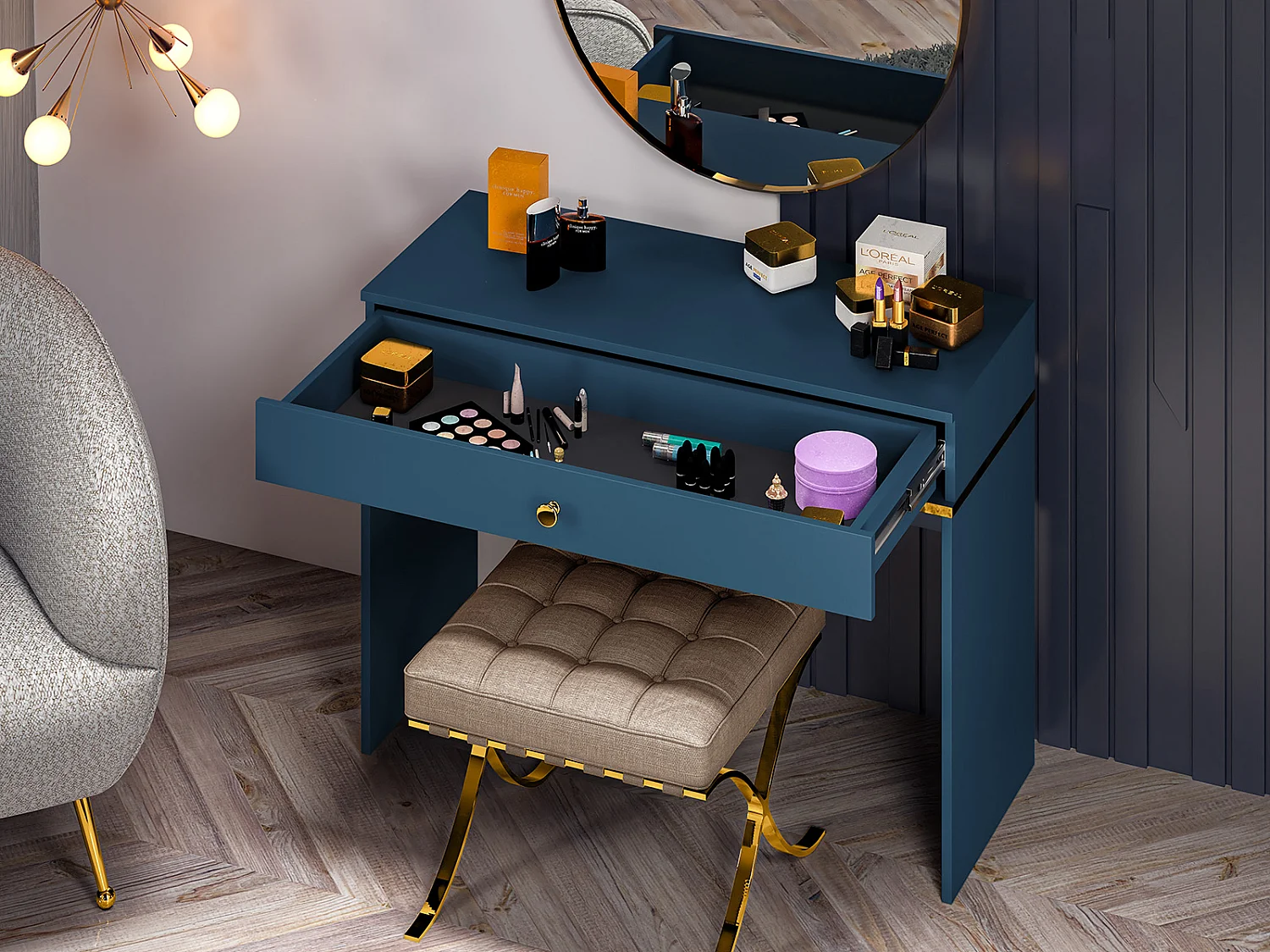 SCHMINKTISCH Marine dunkelblau / gold 100 / 40 / 79cm