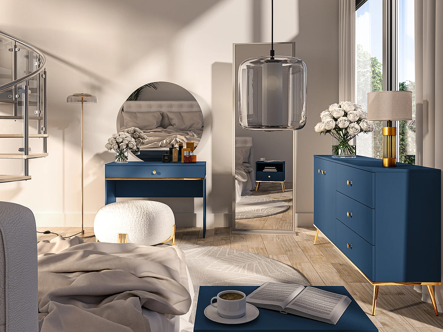 SCHMINKTISCH Marine dunkelblau / gold 100 / 40 / 79cm