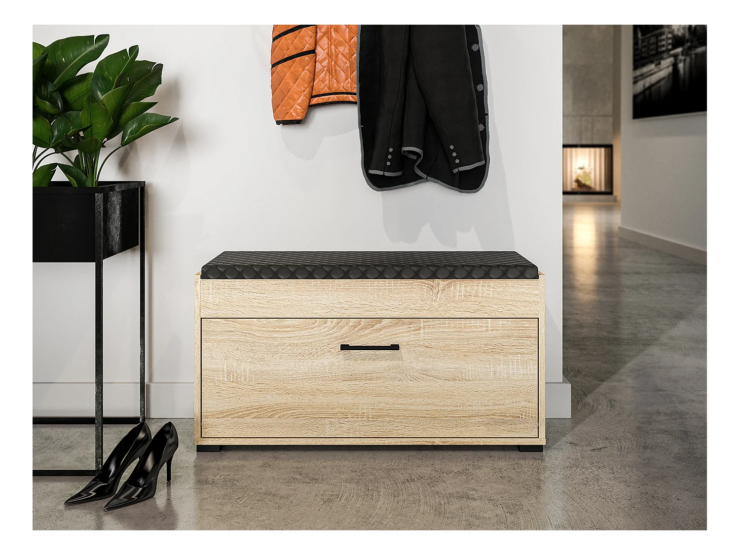 SCHUHBANK Caro Sonoma Eiche hell / schwarz 90 / 34 / 48cm