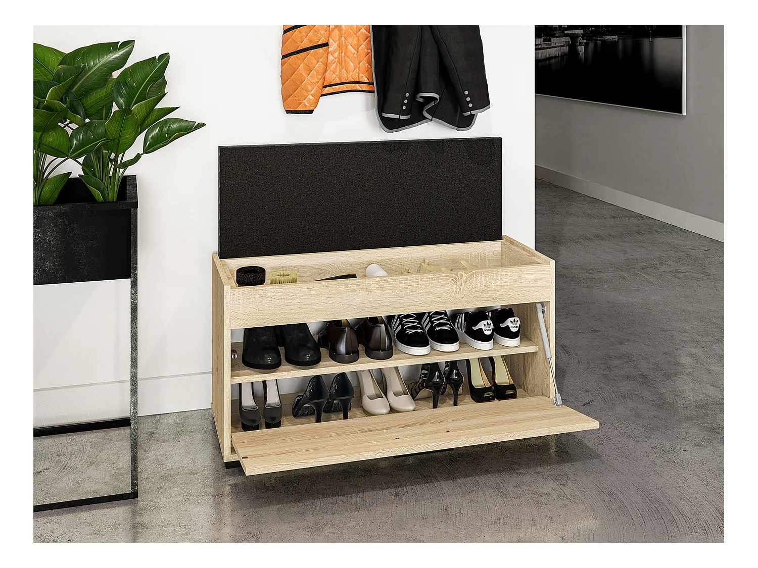 SCHUHBANK Caro Sonoma Eiche hell / schwarz 90 / 34 / 48cm