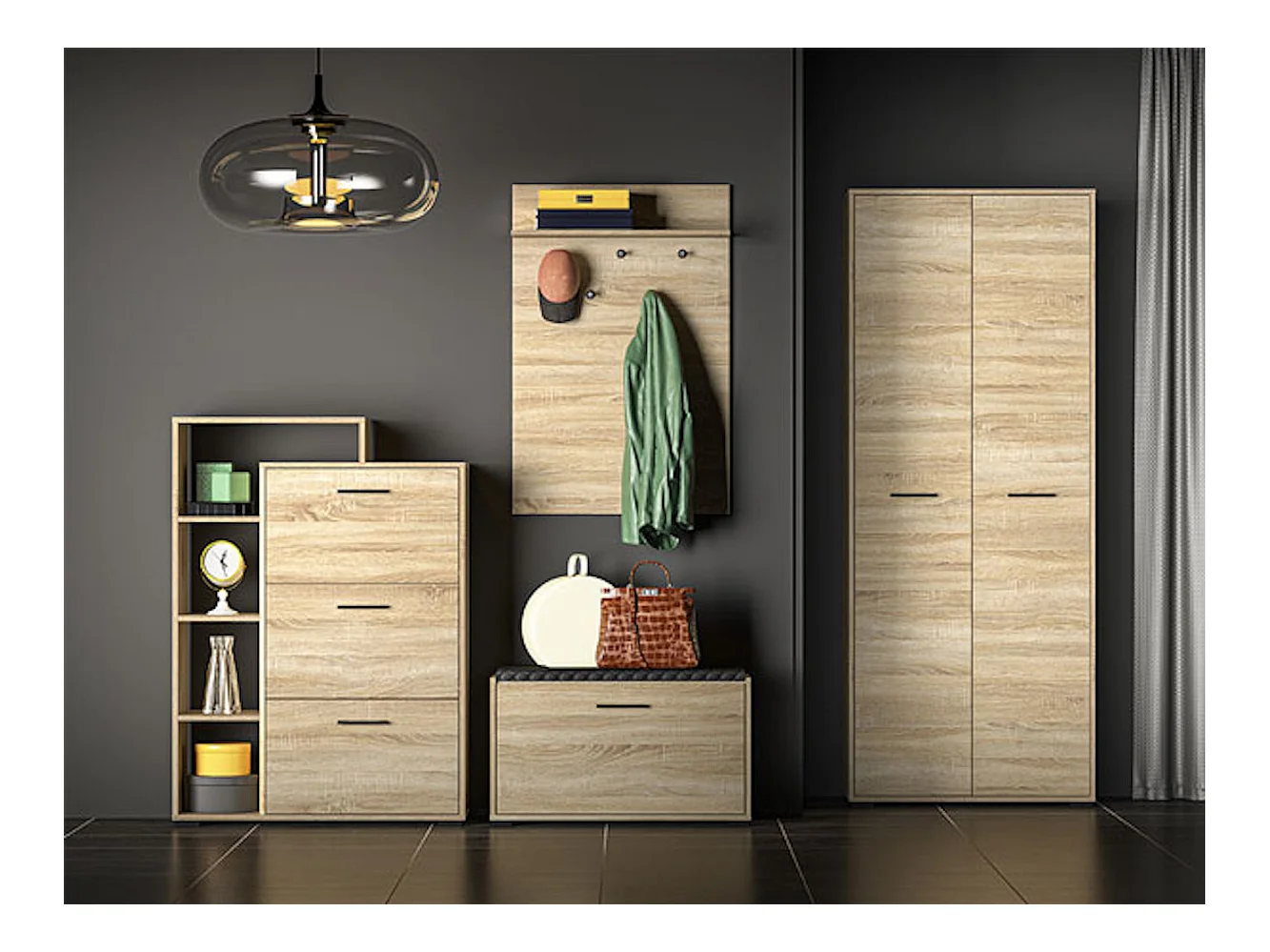 SCHUHBANK Caro Sonoma Eiche hell / schwarz 90 / 34 / 48cm