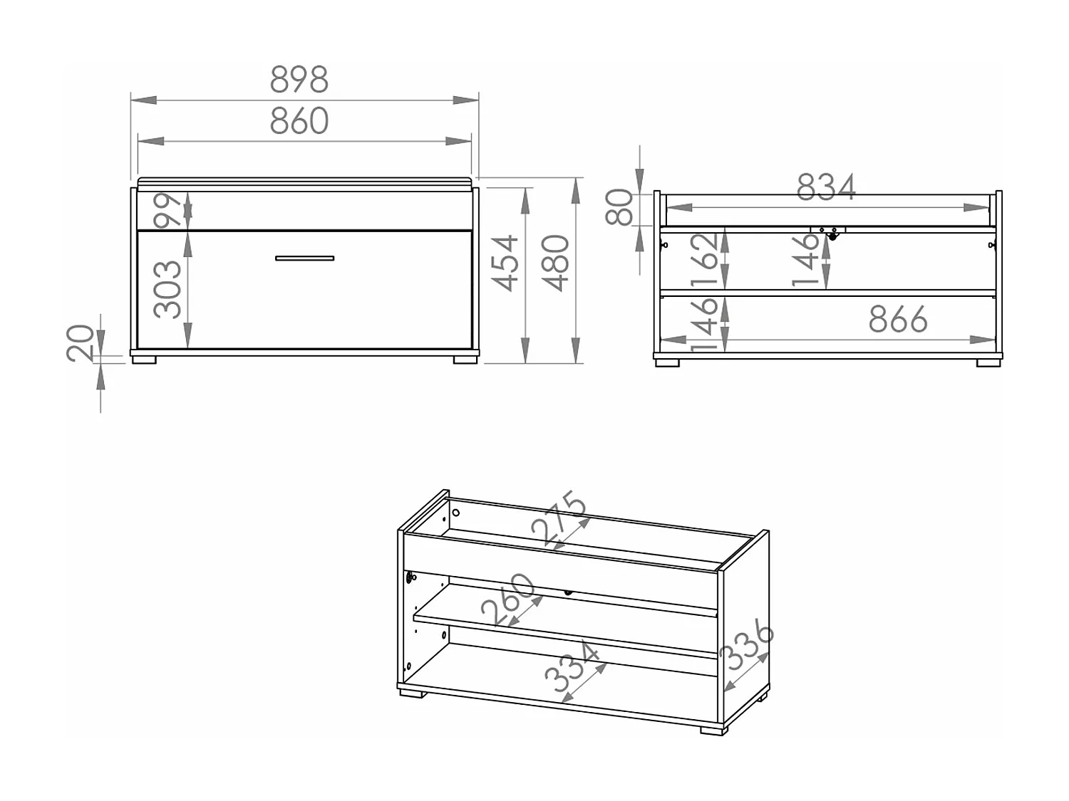 SCHUHBANK Caro Sonoma Eiche hell / schwarz 90 / 34 / 48cm