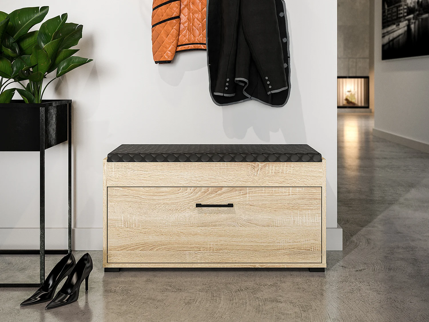 SCHUHBANK Caro Sonoma Eiche hell / schwarz 90 / 34 / 48cm