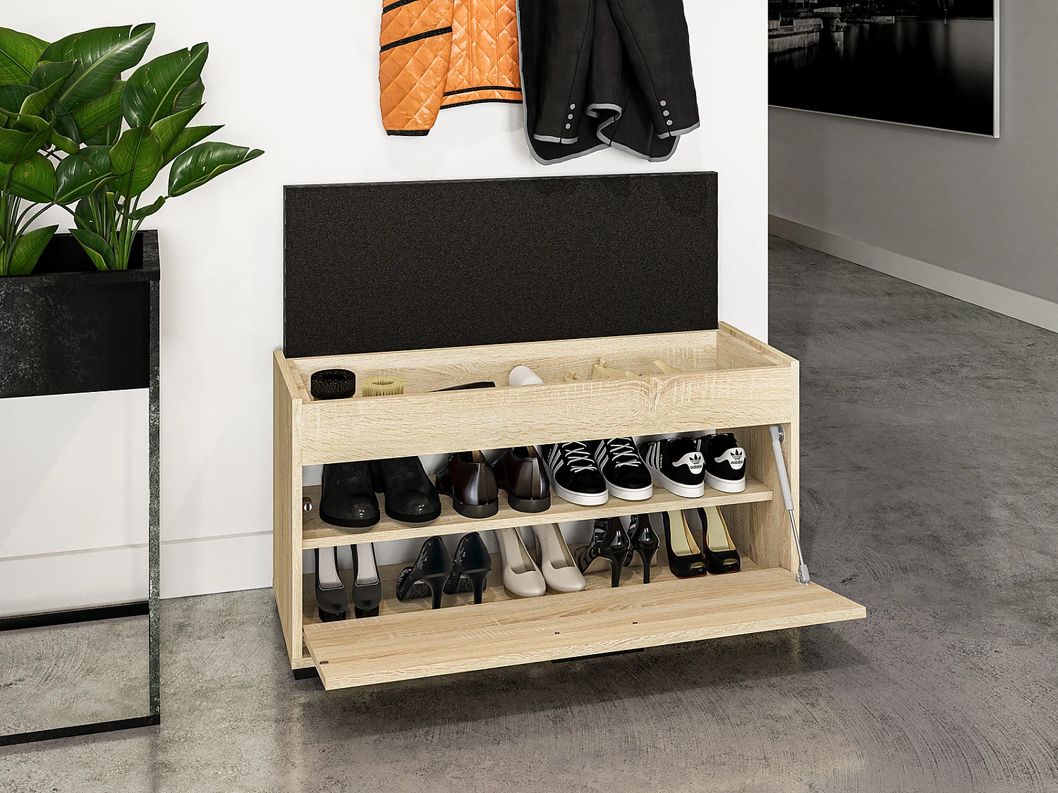 SCHUHBANK Caro Sonoma Eiche hell / schwarz 90 / 34 / 48cm