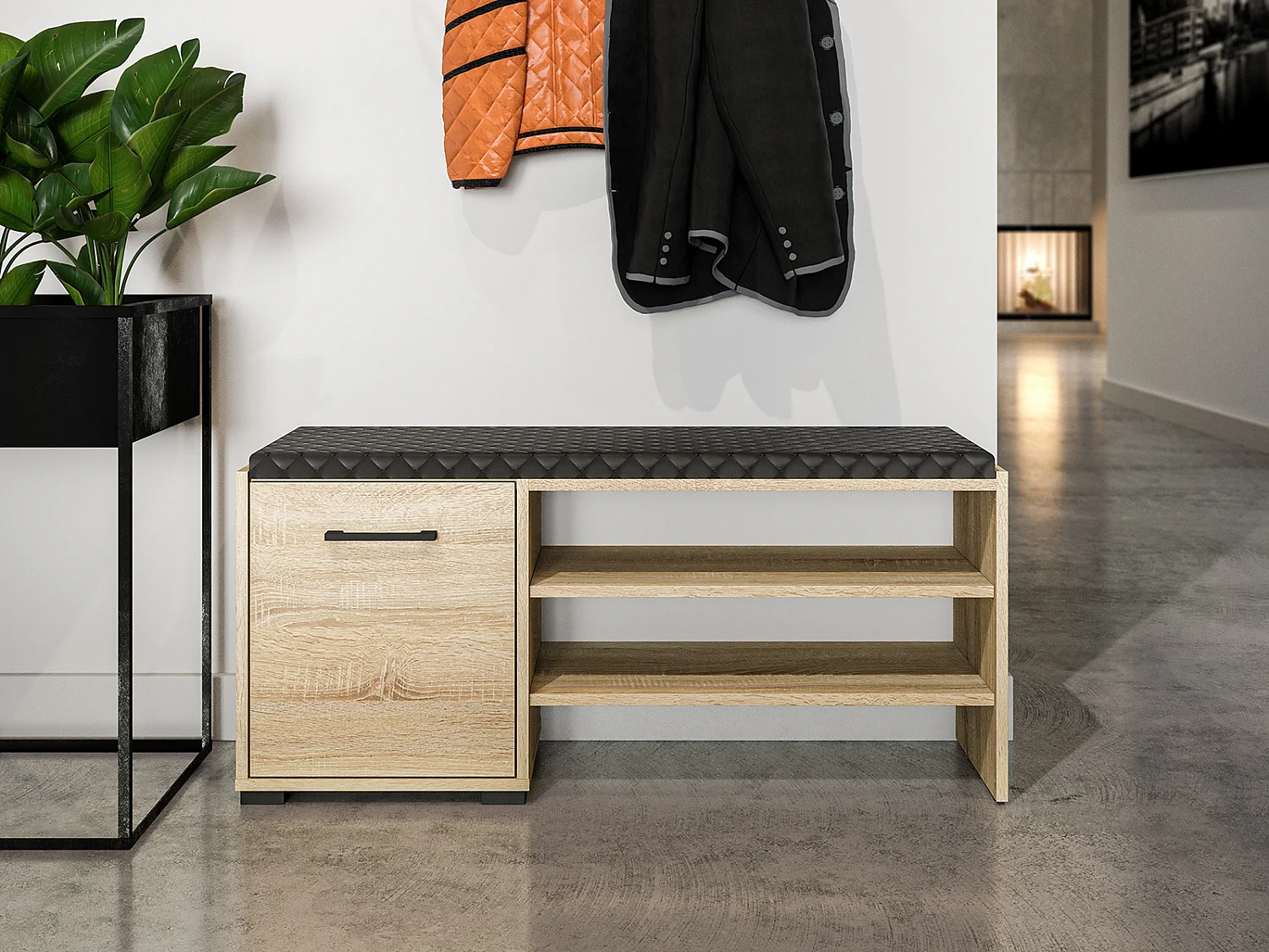 SCHUHBANK Caro Sonoma Eiche hell / schwarz 105 / 34 / 48cm