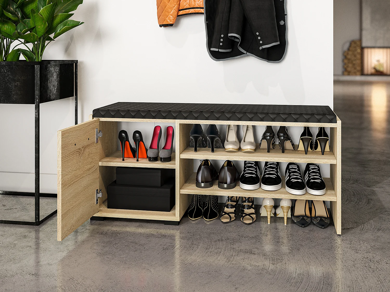 SCHUHBANK Caro Sonoma Eiche hell / schwarz 105 / 34 / 48cm