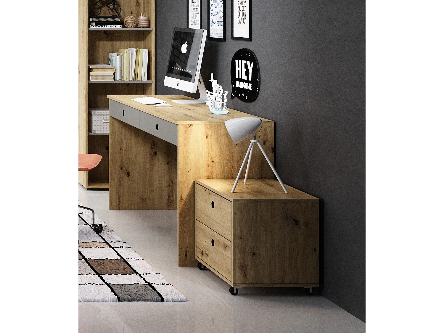 SCHREIBTISCH MIT CONTAINER Kuki Bernstein Eiche / Platingrau 2-teilig